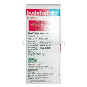 ブデトロール 100 インヘラー, ホルモテロール 6mcg/ ブデソニド 100mcg 120回分 インヘラー, 製造元：Macleods Pharmaceuticals Ltd, 箱情報, 製造日, 消費期限