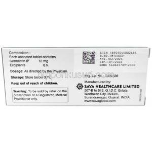 イベルメクチン (Sava社製),イベルメクチン 12mg,　SAVA Healthcare Limited, 箱情報, 製造日, 消費期限