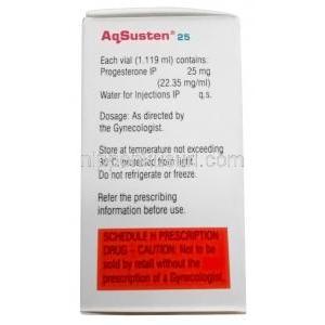 アクスステン注射, プロゲステロン 25mg, バイアル 1.119mL,製造元:Sun Pharma, 箱情報,注意事項