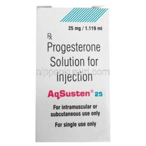 アクスステン注射, プロゲステロン 25mg, バイアル 1.119mL,製造元：Sun Pharma, 箱表面