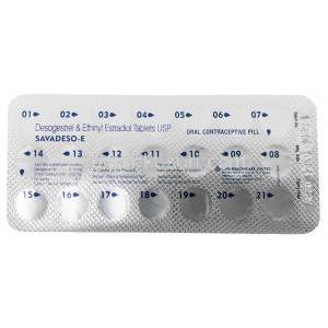 サバデソ E,デソゲストレル 0.15mg/  エチニルエストラジオール 0.03mg, 21 錠,　製造元：Sava Healthcare, シート情報