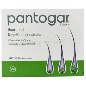 パントガル, 硝酸チアミン 60mg/D-パントテン酸カルシウム 60mg/サッカロミセス薬(ビガー酵母) 100mg/L-シスチン 20mg/ケラチン 20mg/パラアミノ安息香酸 20mg, 90 カプセル, MSD, 箱表面