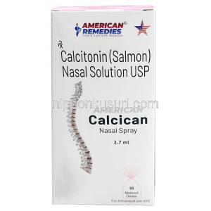 カルシカン点鼻用スプレー, カルシトニン 220 IU/回, 3.7mL(30回分), 製造元:American Remedies,箱表面