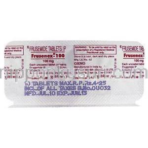 ラシックスジェネリック, フルセネックス Frusenex 100mg 錠 (Geno Pharma) 包装裏面