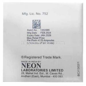 アミオドン注入液, アミオダロン 3mLあたり 150mg , アンプル 3mL, 製造元：Neon Laboratories, 箱情報
