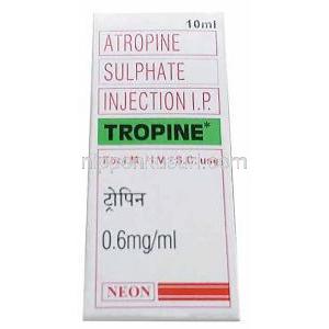 トロピン注射, アトロピン 0.6 mg, バイアル 1 mL,製造元： Neon Laboratories, 箱表面