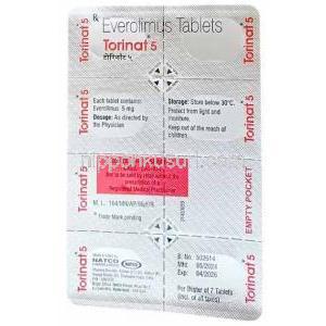 トリナット, エベロリムス 5mg, 7錠, 製造元：Natco Pharma, シート情報