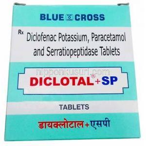 ジクロタールプラス SP, ジクロフェナク 50mg/ アセトアミノフェン 325mg/ セラチオペプチダーゼ  10mg, 製造元：Blue Cross Laboratories Ltd, 箱表面