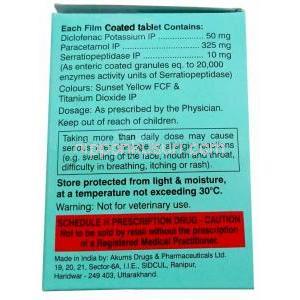ジクロタールプラス SP, ジクロフェナク 50mg/ アセトアミノフェン 325mg/ セラチオペプチダーゼ  10mg, 製造元：Blue Cross Laboratories Ltd, 箱情報, 成分, 保管方法