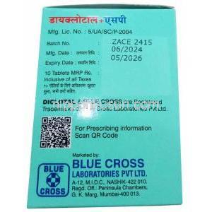 ジクロタールプラス SP, ジクロフェナク 50mg/ アセトアミノフェン 325mg/ セラチオペプチダーゼ  10mg, 製造元：Blue Cross Laboratories Ltd, 箱情報, 製造日, 消費期限