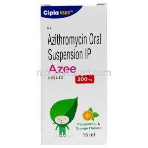 アジー内服液, アジスロマイシン 100 mg (5 mLあたり), 内服液 15mL, 製造元：Cipla, 箱, ボトル