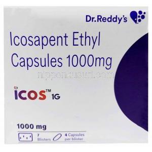 イコス, イコサペント酸エチル 1000 mg, 28 カプセル,製造元：Dr Reddy's Laboratories Ltd, 箱側面