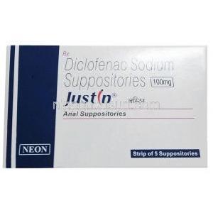ジャストイン 座薬, ジクロフェナク 100 mg, 座薬, 製造元：Neon Laboratories, 箱表面