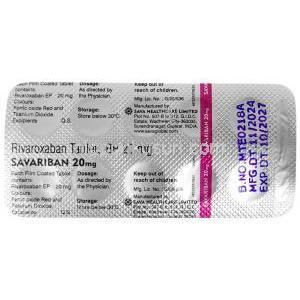 サバリバン, リバロキサバン 20 mg, 製造元：Sava  Healthcare, シート情報