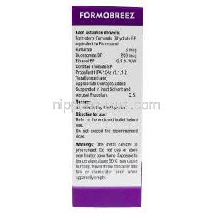 ホルモブリーズ インヘラー, ホルモテロール 6mcg/ ブデソニド 200mcg, インヘラー (吸入剤 + 吸入器, フロンガス不使用), 120回分, 製造元：Sava  Healthcare, 箱情報, 含有量, 注意事項