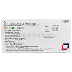 DDR MR, デクスランソプラゾール 60mg, カプセル (徐放性), 製造元：MSN Laboratories,箱情報, 製造日, 消費期限