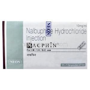 ナクフィン注射, ナルブフィン 10 mg, アンプル1mL X 5本, 製造元：Neon Laboratories, 箱表面