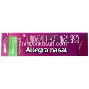 アレグラ 鼻スプレー, フルチカゾンフランカルボン酸エステル 27.5 mcg, 120 回分, 製造元：Sanofi India, 箱表面