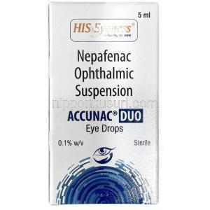 アキュナックデュオ点眼薬, ネパフェナク 0.1%, 点眼薬 5 mL,製造元：His Eyeness Ophthalmics Pvt Ltd, 箱表面
