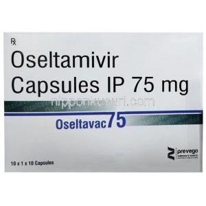 オセルタバック 75, オセルタミビル 75 mg, 製造元:Prevego Healthcare & Research Private Limited, 箱表面
