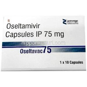オセルタバック  75, オセルタミビル 75 mg,製造元： Prevego Healthcare & Research Private Limited, 箱表面