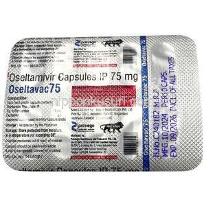 オセルタバック  75, オセルタミビル 75 mg,製造元： Prevego Healthcare & Research Private Limited, シート情報