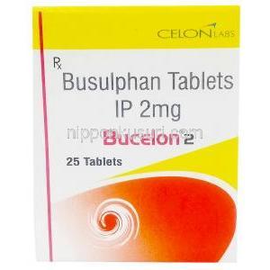 ブセロン 2,ブスルファン 2 mg, 製造元：Celon Laboratories Ltd,箱表面