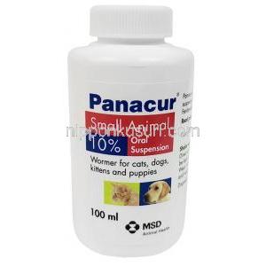 パナクールペット用 経口懸濁液, フェンベンダゾール 10%, ペット用 経口懸濁液 100mL, 製造元：MSD Animal Health, ボトル表面