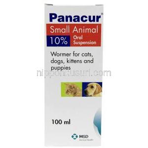 パナクールペット用 経口懸濁液, フェンベンダゾール 10%, ペット用 経口懸濁液 100mL, 製造元：MSD Animal Health, 箱表面