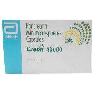 クレオン 40000, パンクレアチン 40,000IU, カプセル, 製造元：Abott, 箱表面