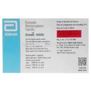 クレオン 40000, パンクレアチン 40,000IU, カプセル, 製造元：Abott, 箱情報
