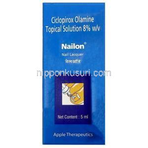 ネイロン ネイルラッカー, シクロピロックス 8% w/v, ネイルラッカー 5mL, 製造元：Apple Therapeutics, 箱表面
