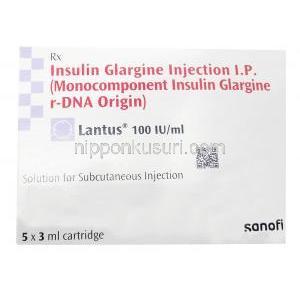 ランタス 注射液, インスリン グラルジン (遺伝子組換え）1mLあたり100 IU , バイアル 10 mL, 製造元：Sanofi India, 箱表面