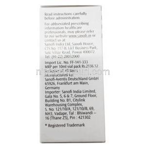 ランタス 注射液, インスリン グラルジン (遺伝子組換え）1mLあたり100 IU , バイアル 10 mL, 製造元：Sanofi India, 箱情報, 製造元