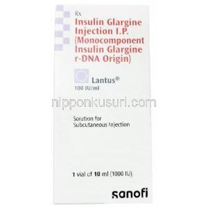 ランタス 注射液, インスリン グラルジン (遺伝子組換え）1mLあたり100 IU , バイアル 10 mL, 製造元：Sanofi India, 箱側面