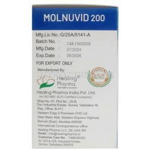 モルヌビッド, モルヌピラビル 200 mg, 40 カプセル,製造元：Healing Pharma India Pvt Ltd, 箱情報, 製造日, 消費期限