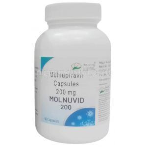 モルヌビッド, モルヌピラビル 200 mg, 40 カプセル,製造元:Healing Pharma India Pvt Ltd, ボトル表面