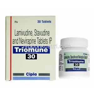 チオミューン Tiomune, スタブジン・ラミブジン・ネビラピン配合 錠 (Cipla) 箱、錠剤ボトル