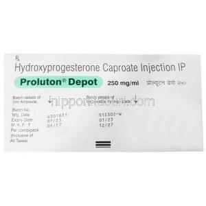プロルトン・デポー 注射, ヒドロキシプロゲステロン 250 mg, アンプル 1mL, 製造元：Zydus Cadila, 箱情報