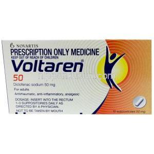 ボルタレン 座薬, ジクロフェナク ナトリウム 50 mg, 10 錠（座薬）, 製造元：Novartis, 箱裏面