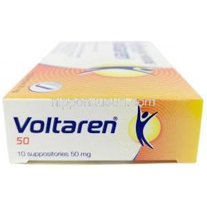 ボルタレン 座薬, ジクロフェナク ナトリウム 50 mg, 10 錠（座薬）, 製造元：Novartis, 箱側面