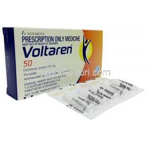 ボルタレン 座薬, ジクロフェナク ナトリウム 50 mg, 10 錠（座薬）, 製造元：Novartis, 箱, パッケージ
