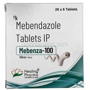 メベンザ, メベンダゾール 100 mg, 6 錠, 製造元：Healing Pharma India Pvt Ltd, 箱表面