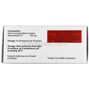 メベンザ, メベンダゾール 100 mg, 6 錠, 製造元：Healing Pharma India Pvt Ltd, 箱情報