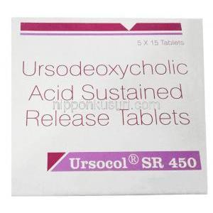ウルソコール SR 450, ウルソデオキシコール酸 450 mg, 15 錠, 製造元:Sun Pharma, 箱表面