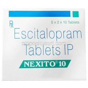 ネキシト 10, エスシタロプラム 10mg,製造元：Sun Pharm, 箱表面