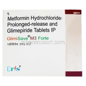 グリミセーブ M3 フォルテ, グリメピリド 3 mg, メトホルミン 1000 mg, 製造元：Eris Lifesciences Ltd, 箱表面