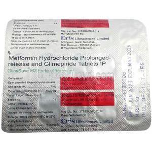 グリミセーブ M3 フォルテ, グリメピリド 3 mg, メトホルミン 1000 mg, 製造元：Eris Lifesciences Ltd, シート情報
