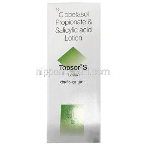 トプソール-S ローション, クロベタゾール 0.05%/サリチル酸 3%,外用薬（ローション) 30 mL,製造元：Apple Therapeutics Pvt Ltd, 箱表面