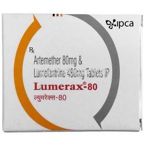 ルメラックス 80, アルテメテル 80mg/ ルメファントリン 480mg, 製造元： Ipca Laboratories, 箱表面